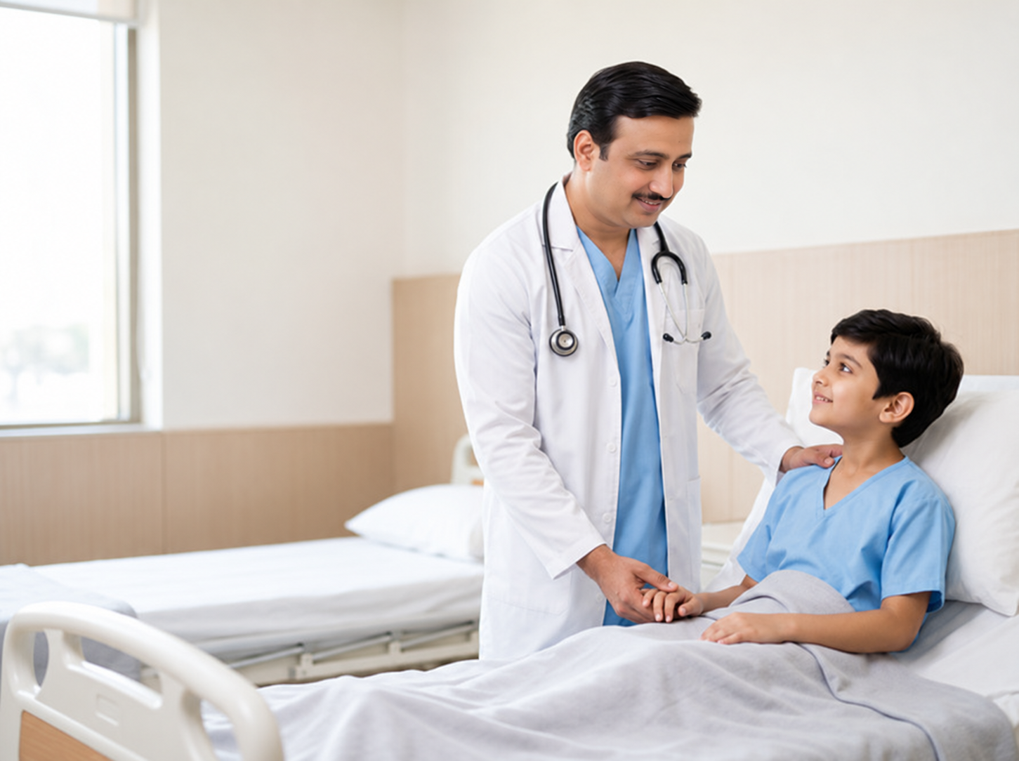 Illustrative scene of a doctor speaking with a child patient in a clinic room
