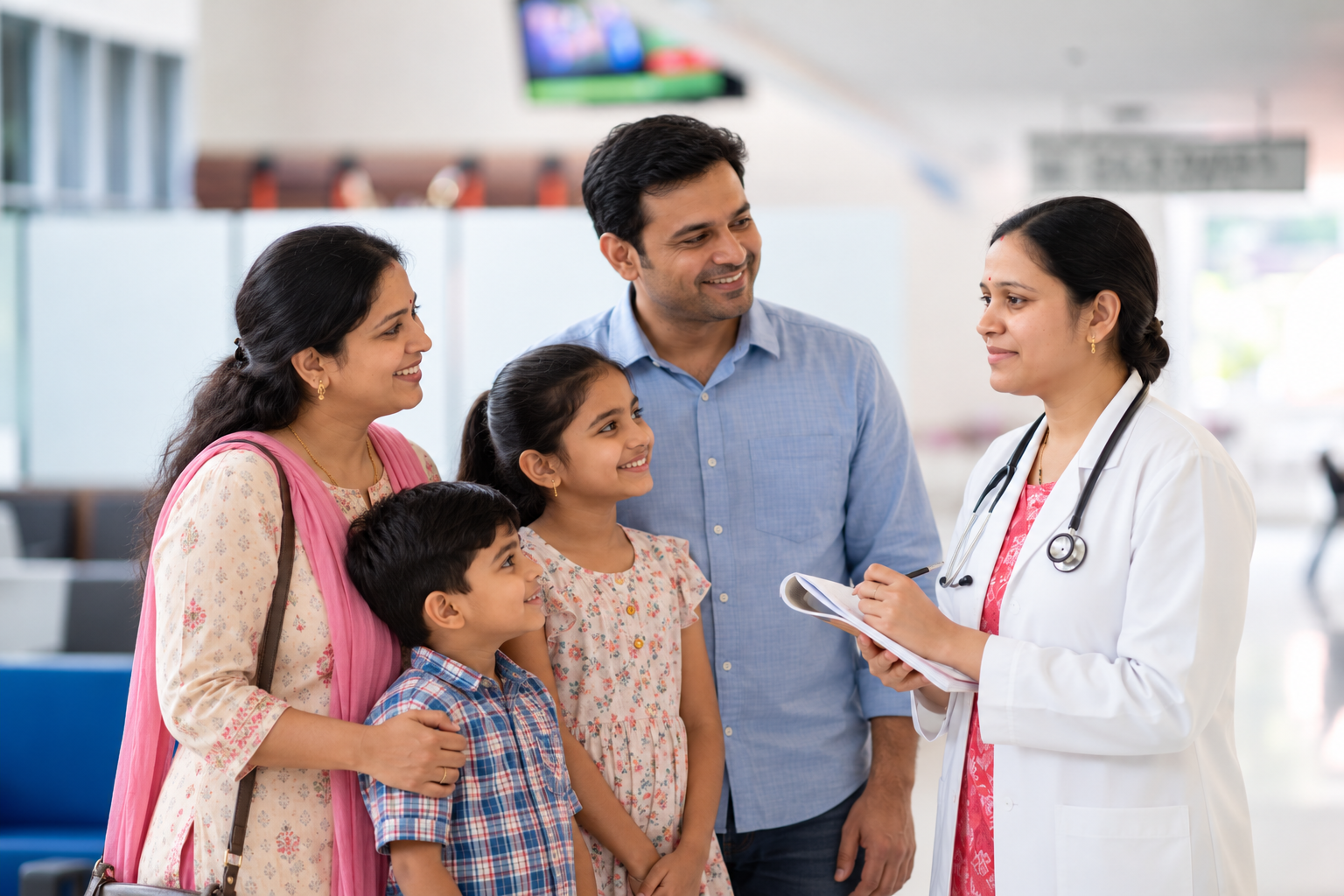Illustrative scene of a doctor discussing care with a family
